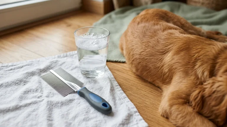 Pente fino de aço sobre toalha ao lado de um copo com água e sabão e do pelo de um cachorro