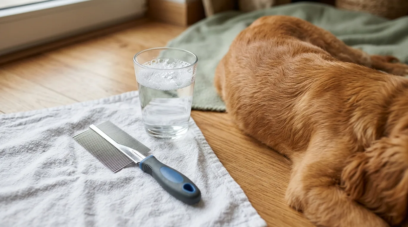Pente fino de aço sobre toalha ao lado de um copo com água e sabão e do pelo de um cachorro