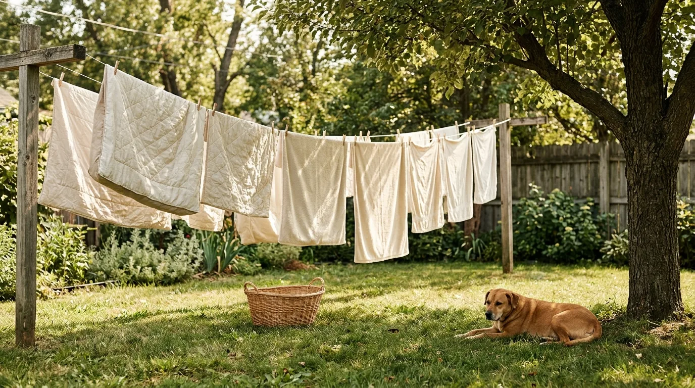 Capas de caminha secando no varal do quintal com o cachorro deitado na grama