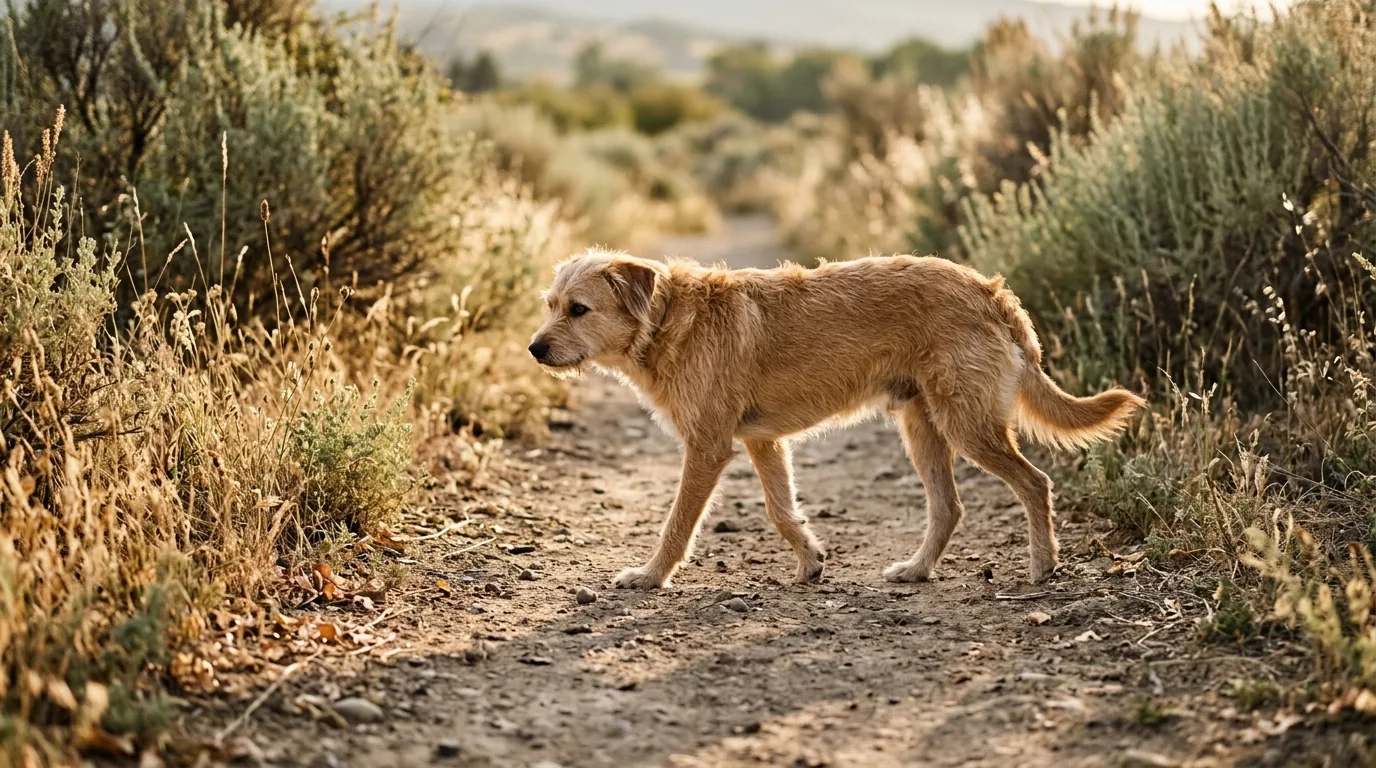 Cachorro caramelo caminhando numa trilha de terra entre capim seco e arbustos