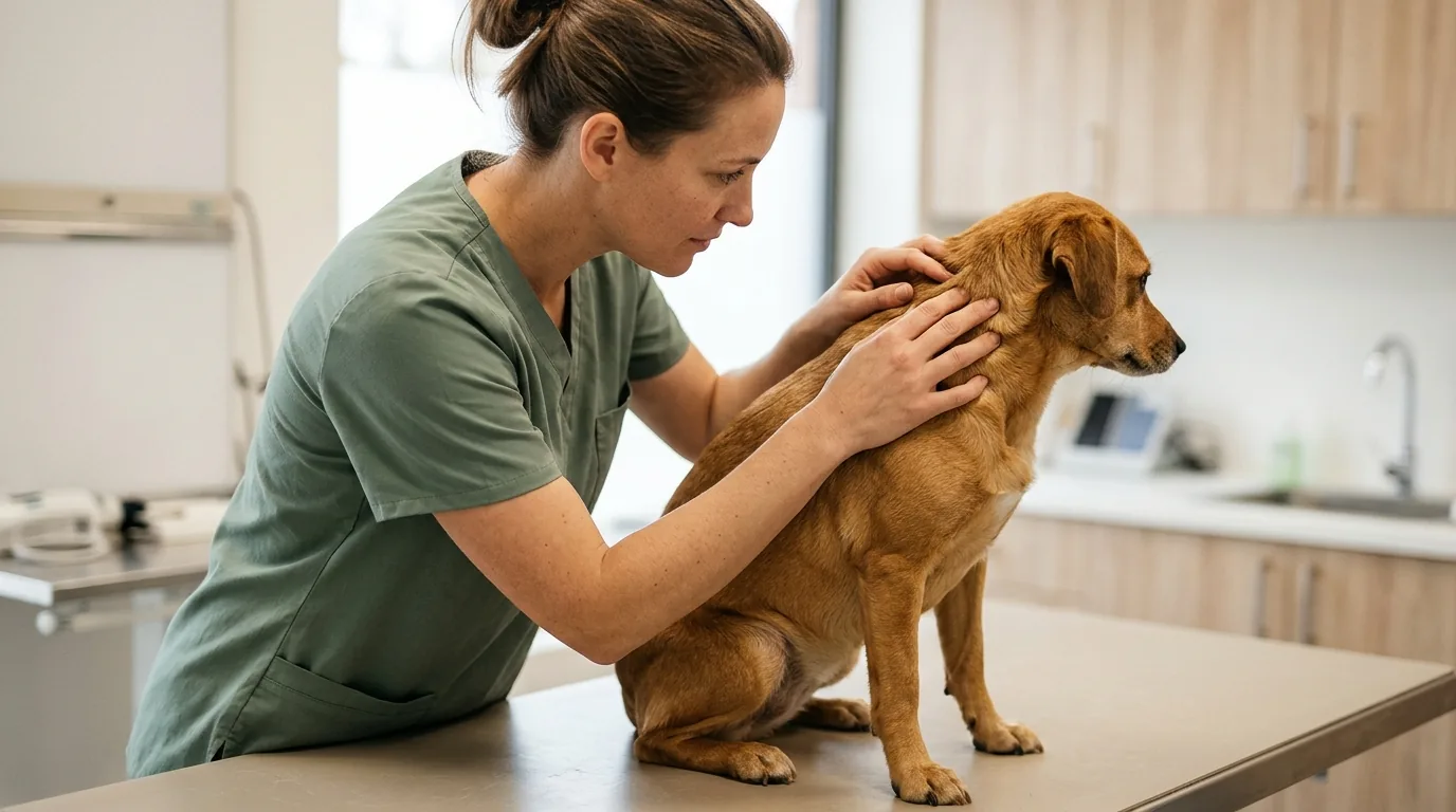 Veterinária afastando o pelo da nuca de um cachorro na mesa de exame
