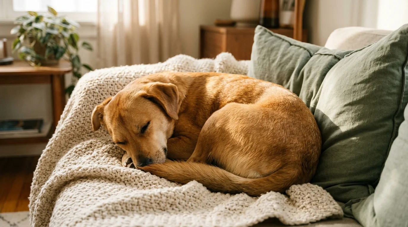 Cachorro caramelo dormindo enrolado no sofá com almofadas verdes