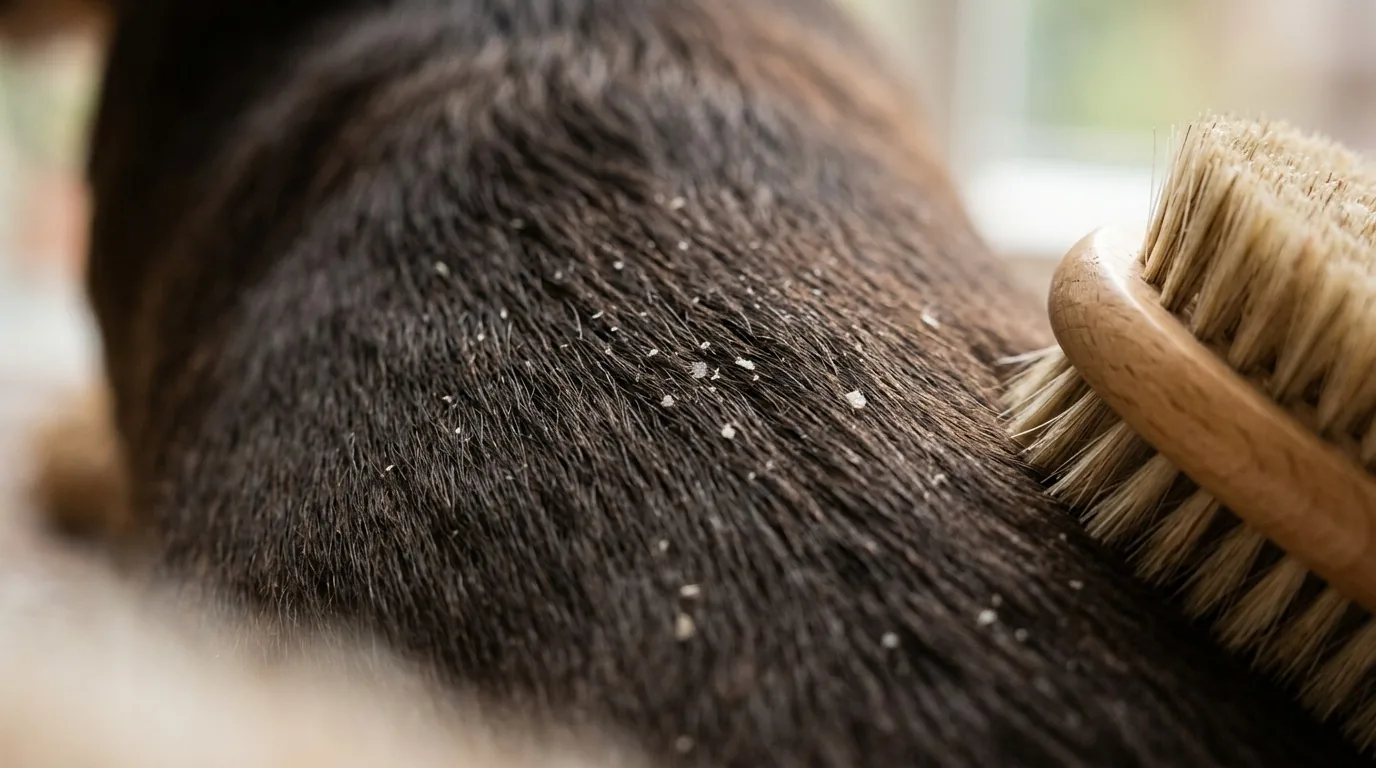 Pelo escuro de cachorro com pequenas escamas brancas de caspa e escova de cerdas