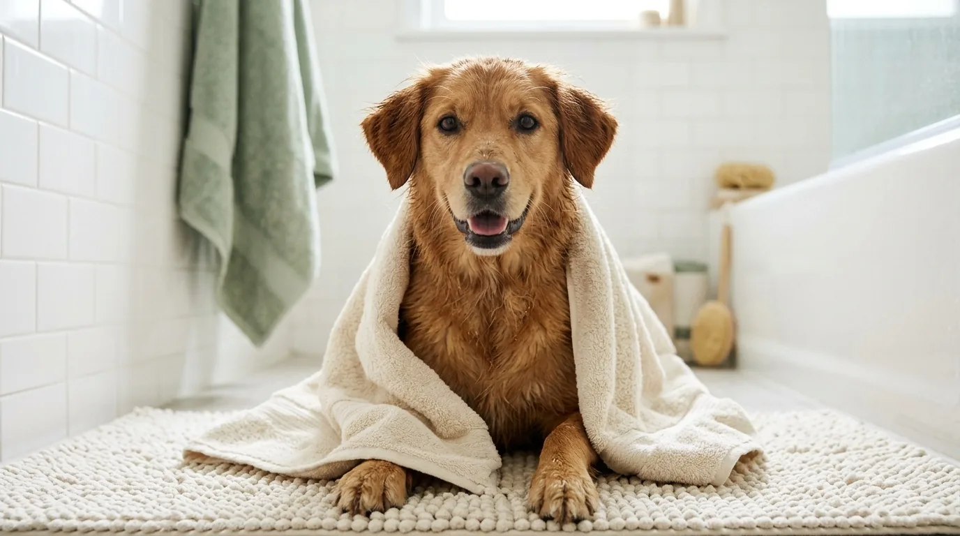 Cachorro caramelo enrolado na toalha depois do banho