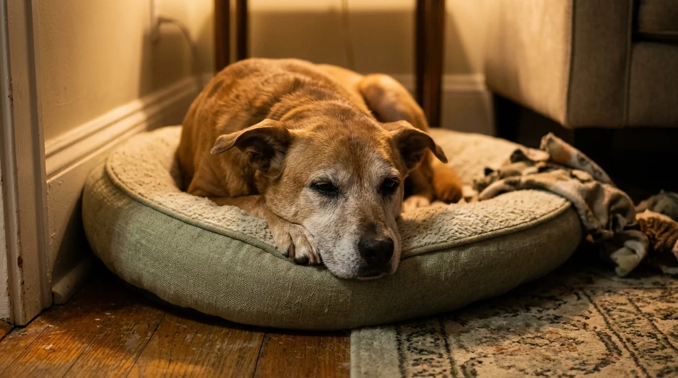 Cachorro idoso caramelo deitado na caminha com a cabeça baixa e olhar abatido