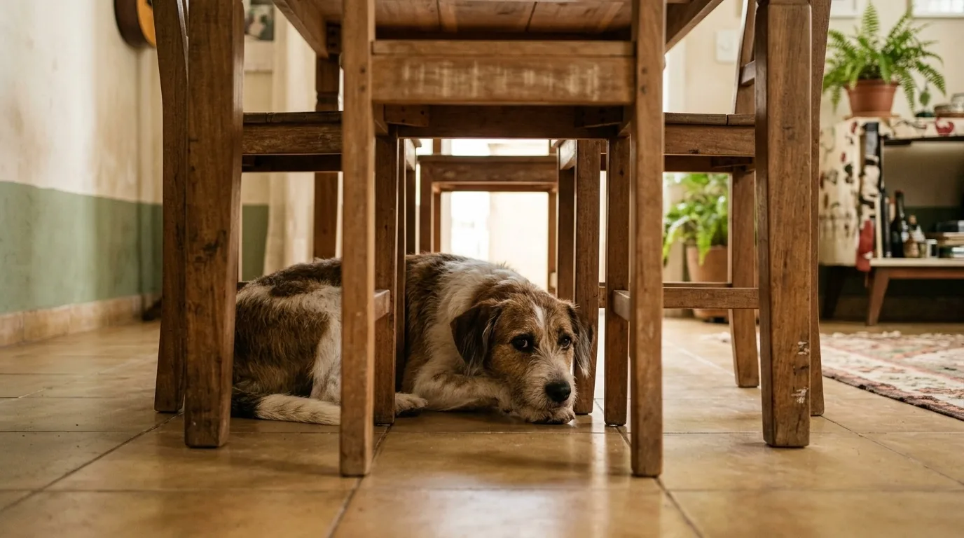 Cachorro escondido embaixo da mesa de jantar espiando entre as cadeiras