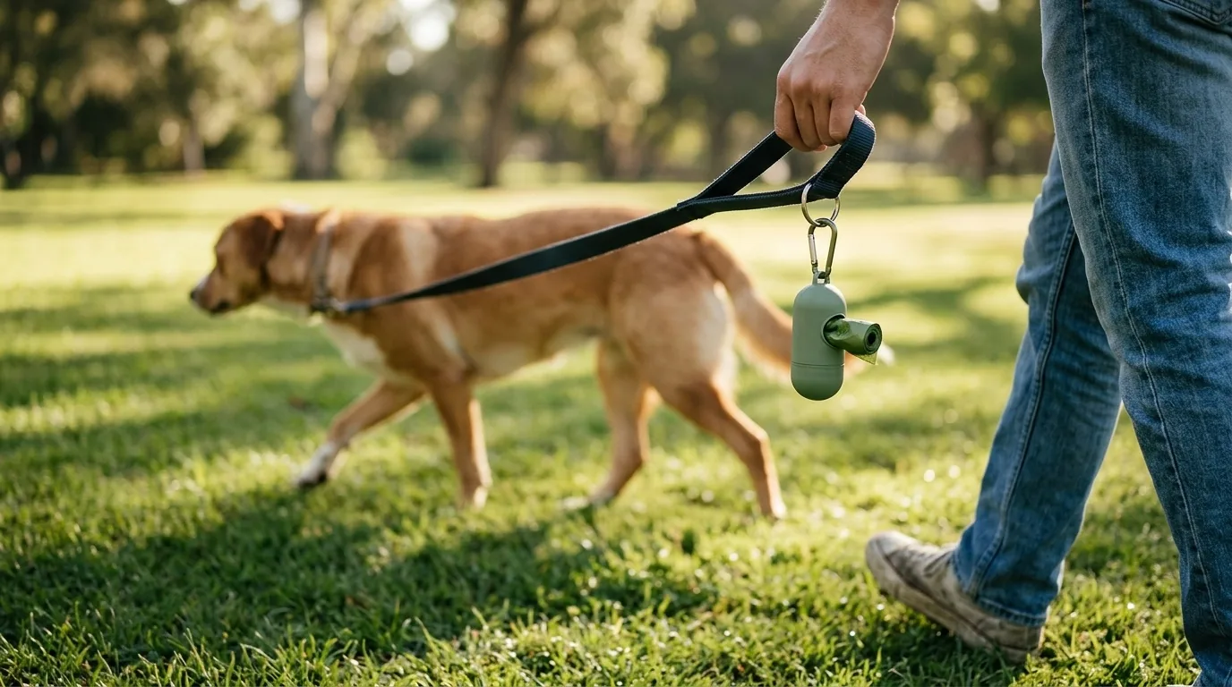 Cachorro caramelo passeando na guia com porta-saquinhos para recolher as fezes