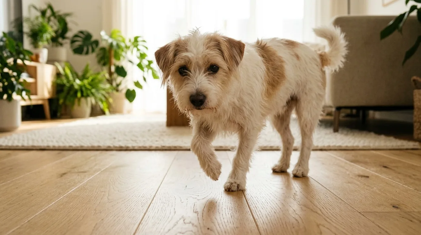 Cachorro pequeno caminhando na sala com uma pata dianteira levantada