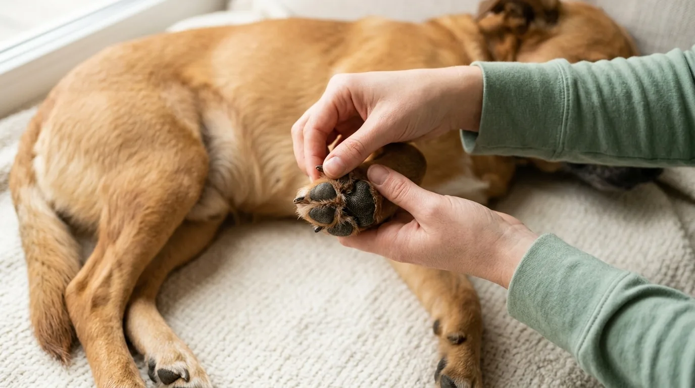 Mãos examinando as almofadas da pata de um cachorro caramelo deitado