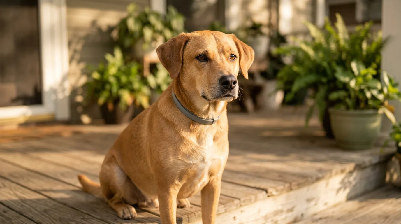 Cachorro caramelo com coleira cinza sentado na varanda de madeira ao entardecer