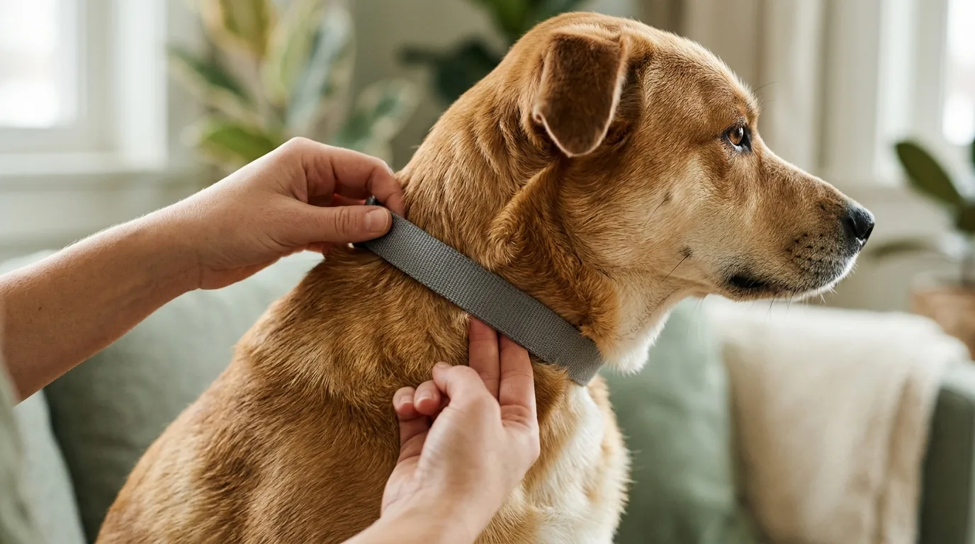 Mãos ajustando a coleira no pescoço do cachorro com dois dedos de folga