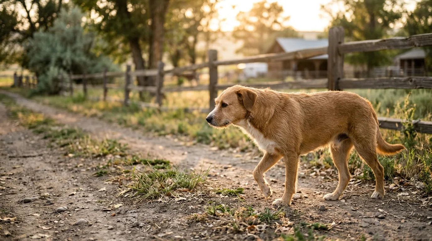 Coleira antipulgas Scalibor e leishmaniose: cachorro caminhando numa estrada de terra de sítio ao pôr do sol