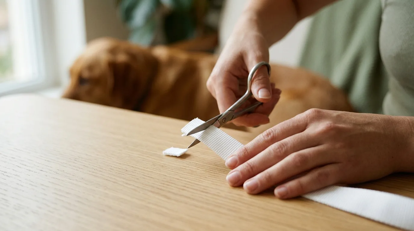 Mãos cortando com tesoura a sobra de uma coleira branca sobre a mesa