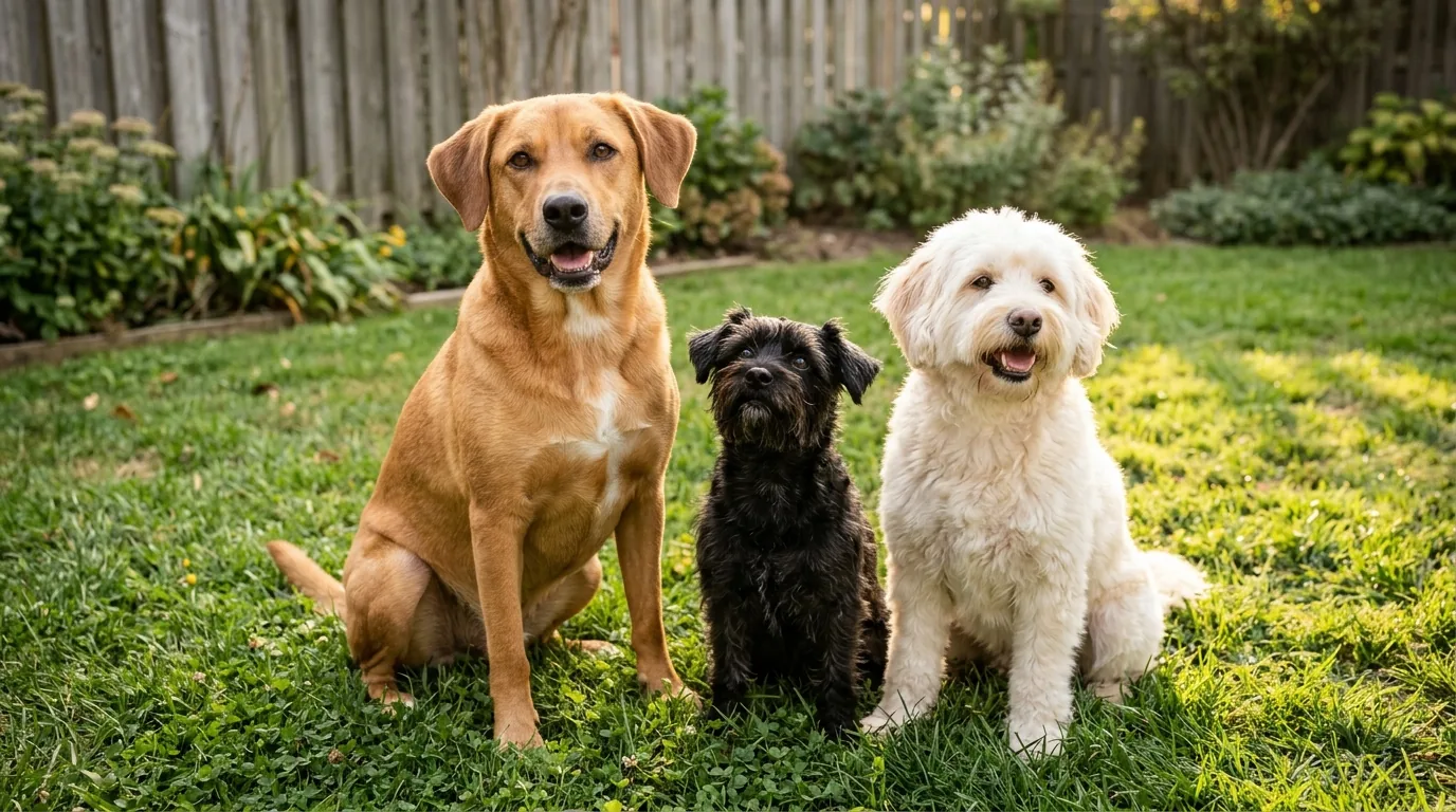 Três cachorros de cores e tamanhos diferentes sentados juntos na grama do quintal