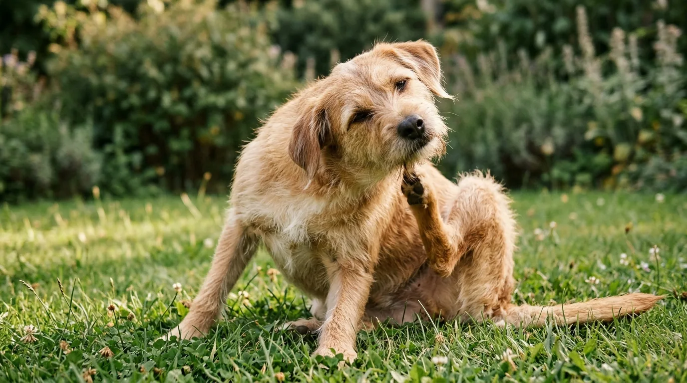 Cachorro caramelo coçando a orelha com a pata traseira na grama