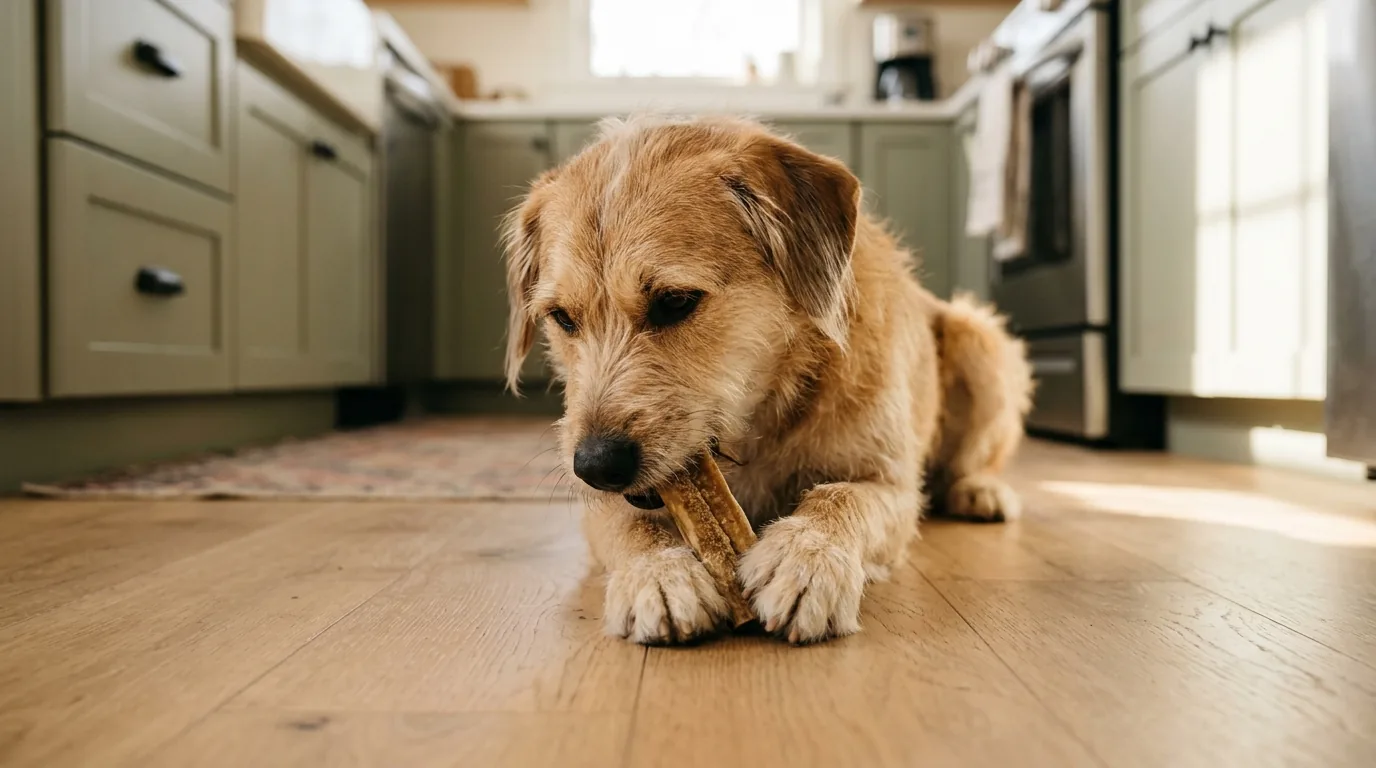Cachorro caramelo deitado no chão da cozinha roendo um petisco
