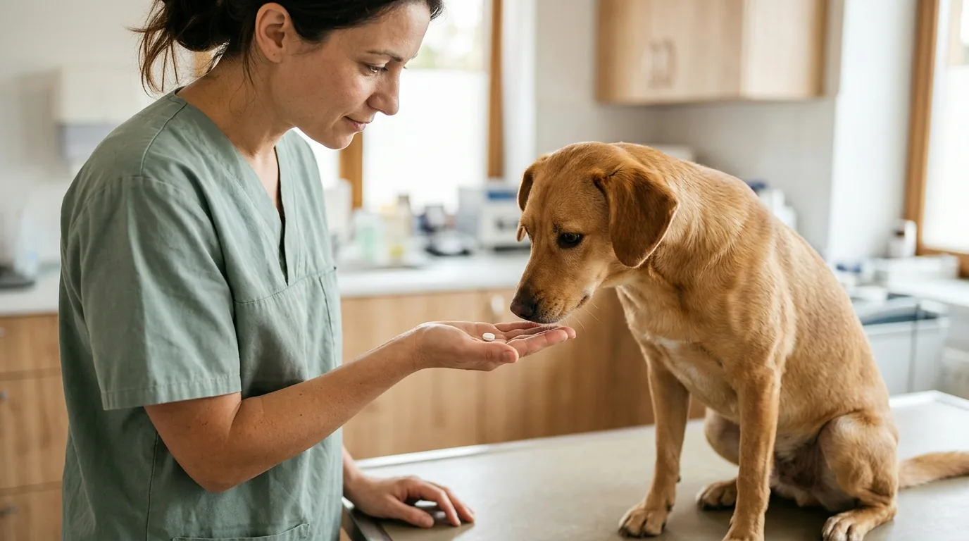 Veterinária oferecendo um comprimido branco a um cachorro na mesa de exame