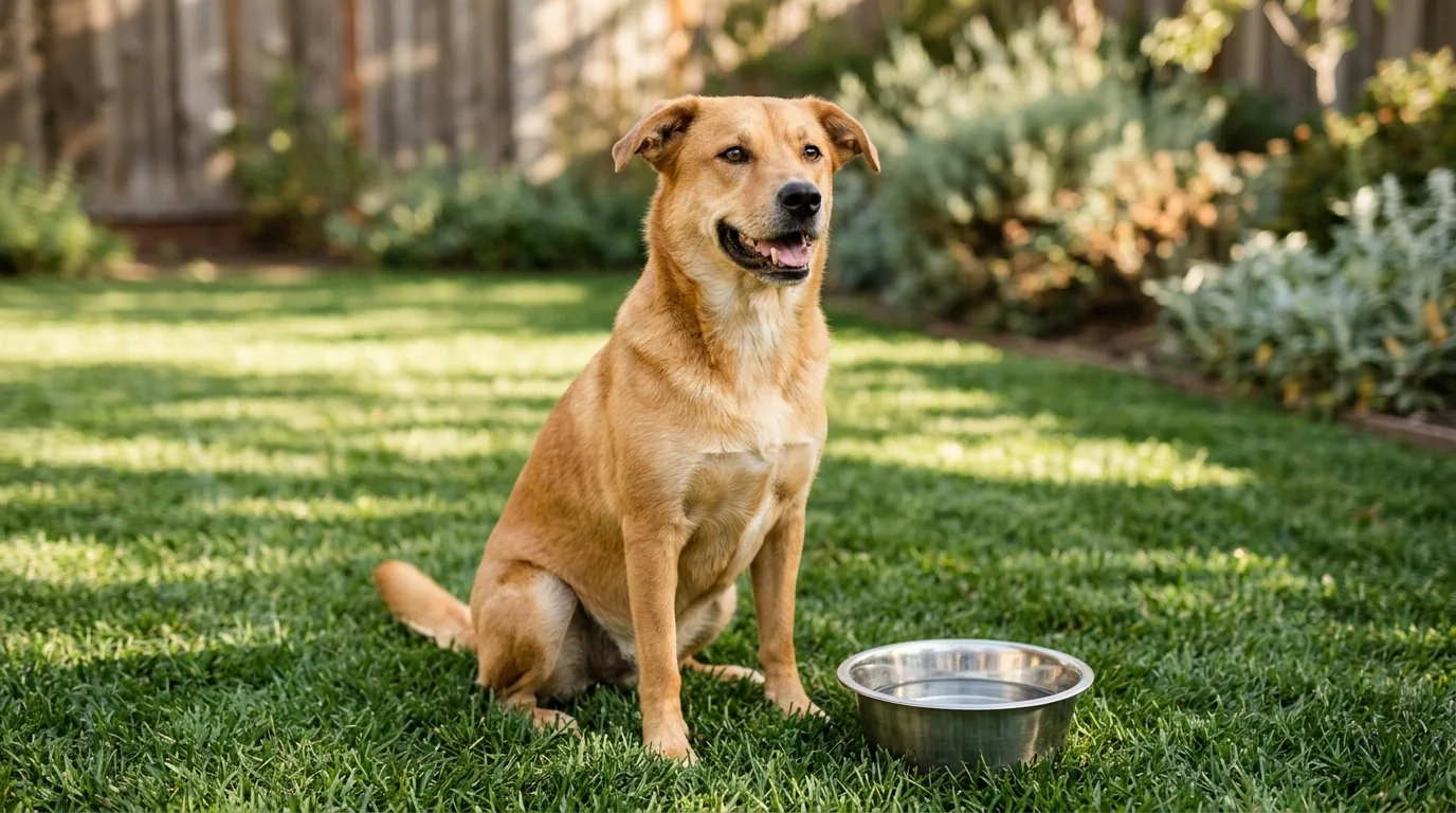 Cachorro sentado ao lado do pote de água no quintal