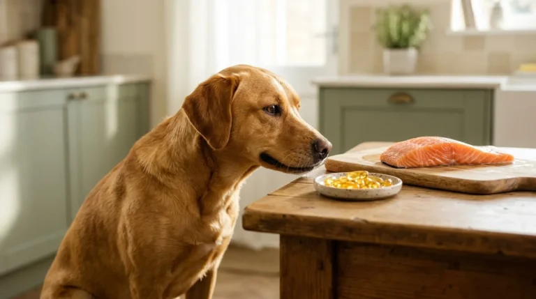 Cachorro caramelo cheirando cápsulas de óleo de peixe e um filé de salmão na cozinha