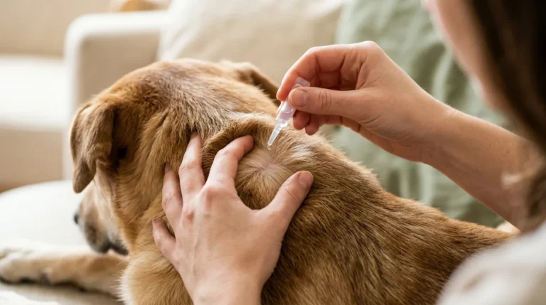 Mão aplicando pipeta antipulgas para cachorro sem rótulo na pele da nuca