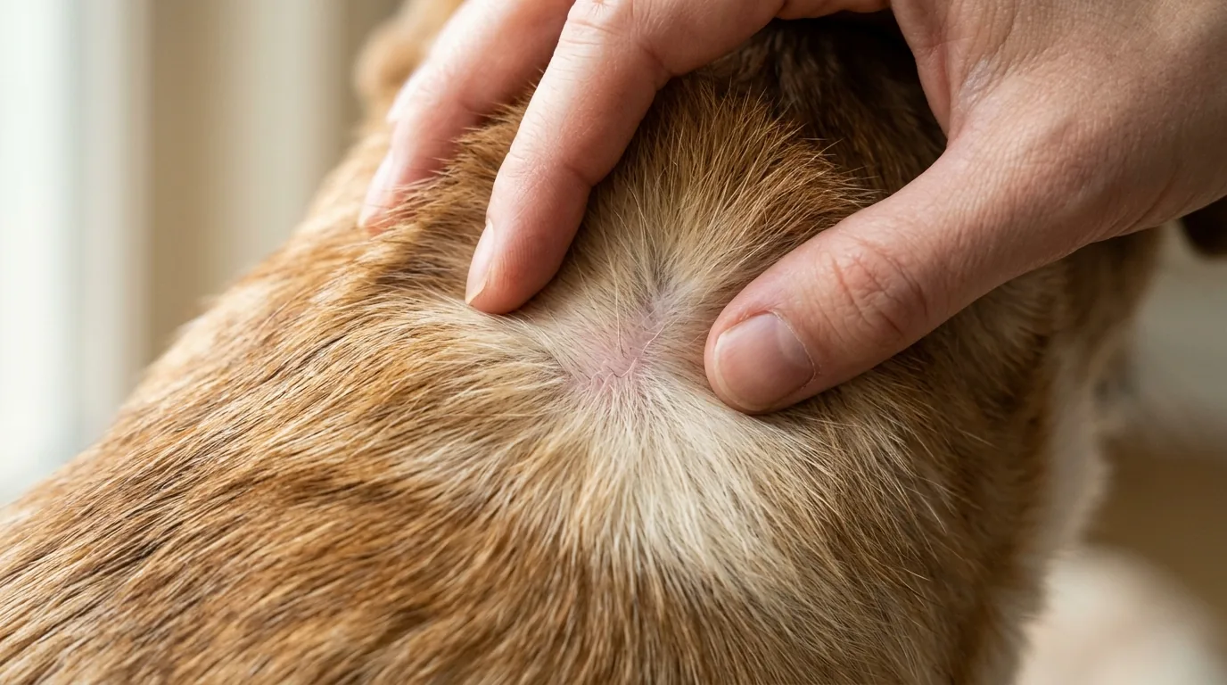 Pipeta antipulgas para cachorro: dedos afastando o pelo da nuca para aplicar direto na pele