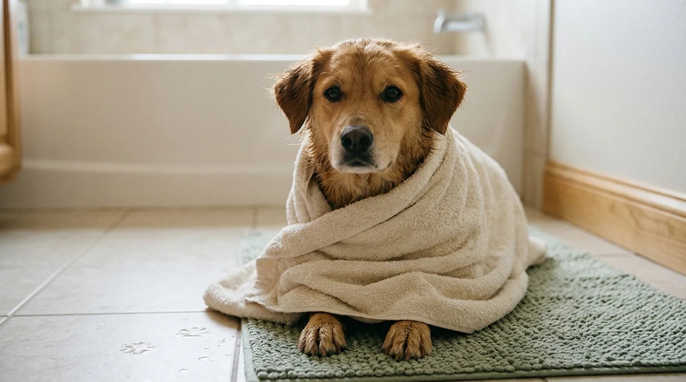 Cachorro enrolado numa toalha no chão do banheiro depois do banho