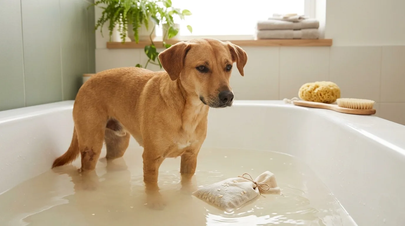 Cachorro caramelo em pé na banheira com banho de aveia