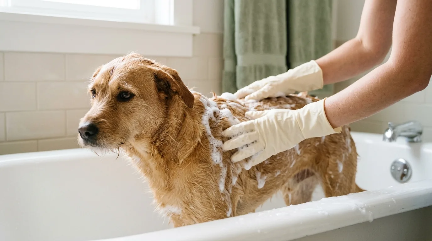 Cachorro na banheira coberto de espuma recebendo banho de mãos com luvas