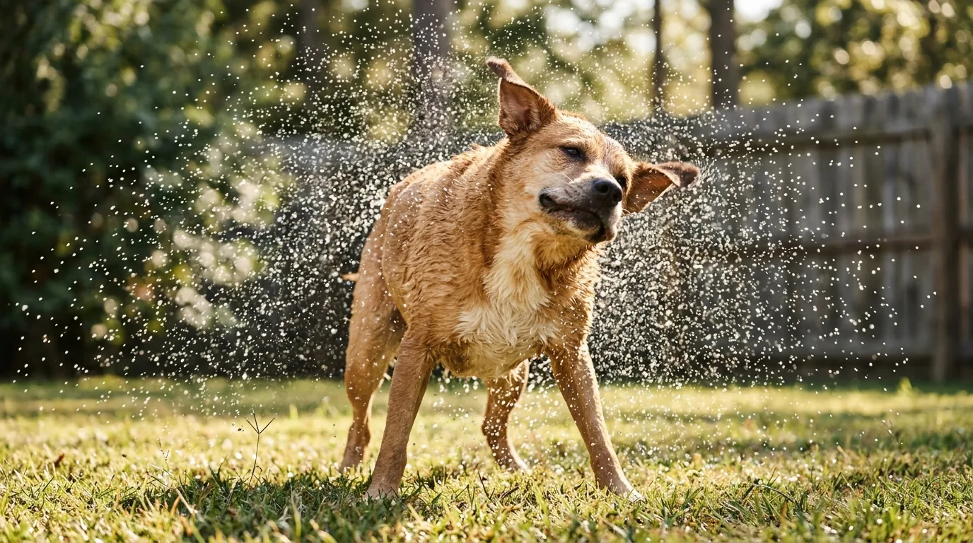 Cachorro molhado se sacudindo no quintal