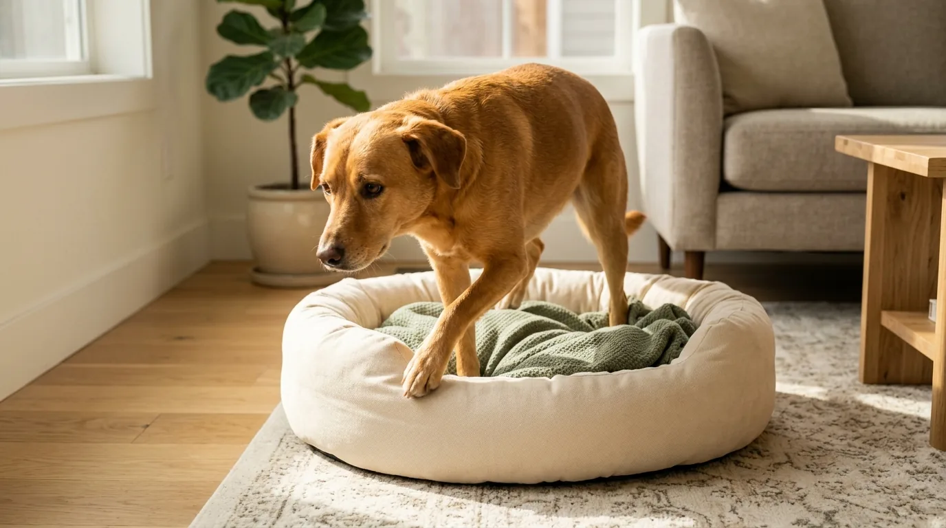 Cachorro entrando numa caminha limpa com manta dobrada na sala