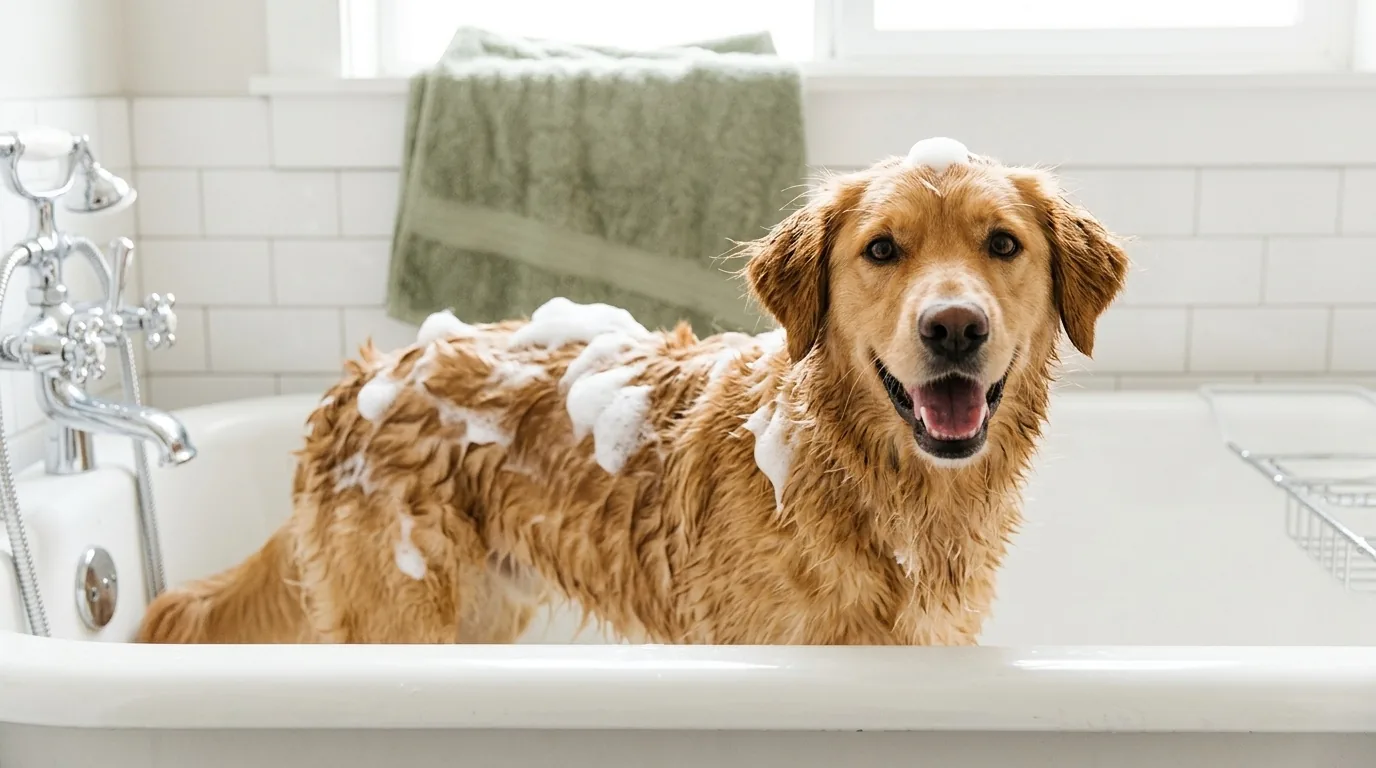 Cachorro dourado feliz na banheira com espuma de shampoo nas costas