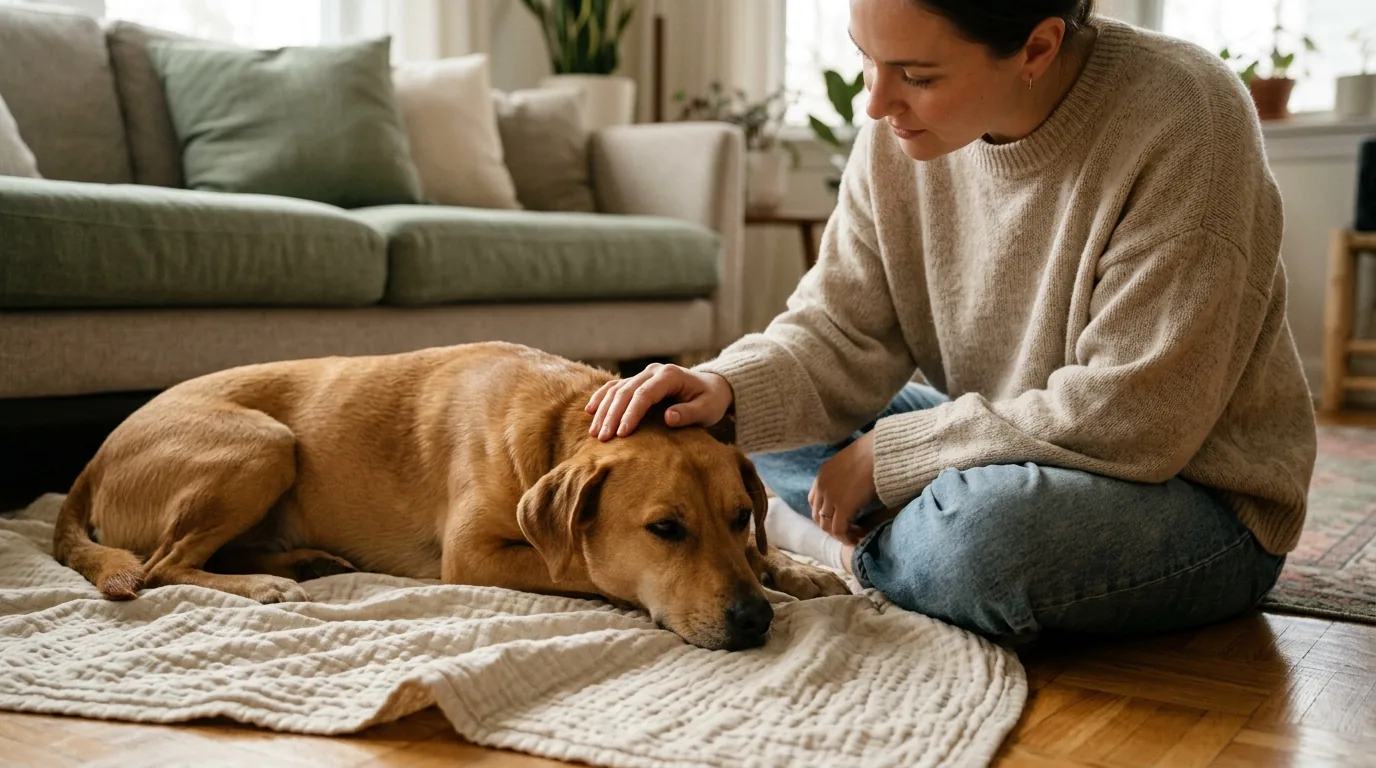 Tutora sentada ao lado do cachorro deitado na manta, com a mão na cabeça dele
