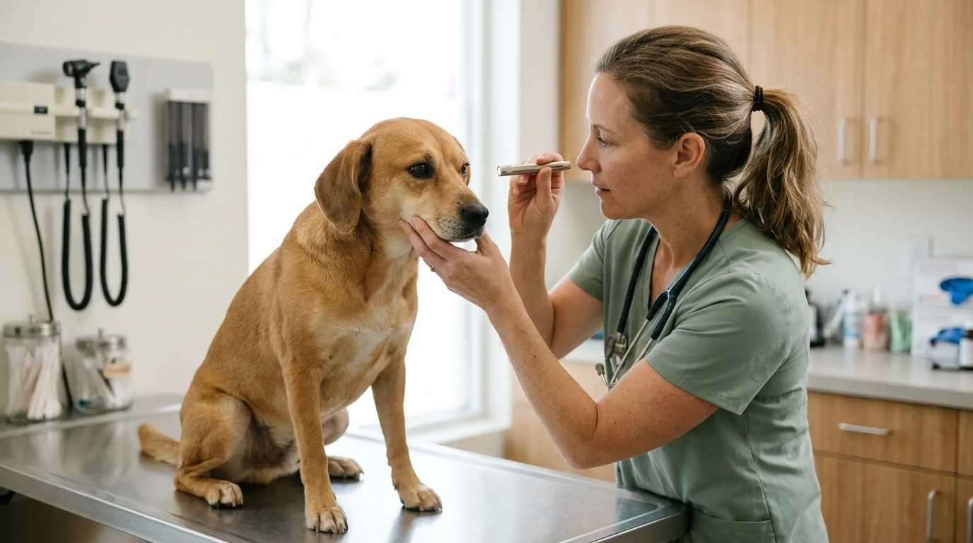 Efeitos colaterais do Simparic: veterinária examinando os olhos de um cachorro com uma lanterna