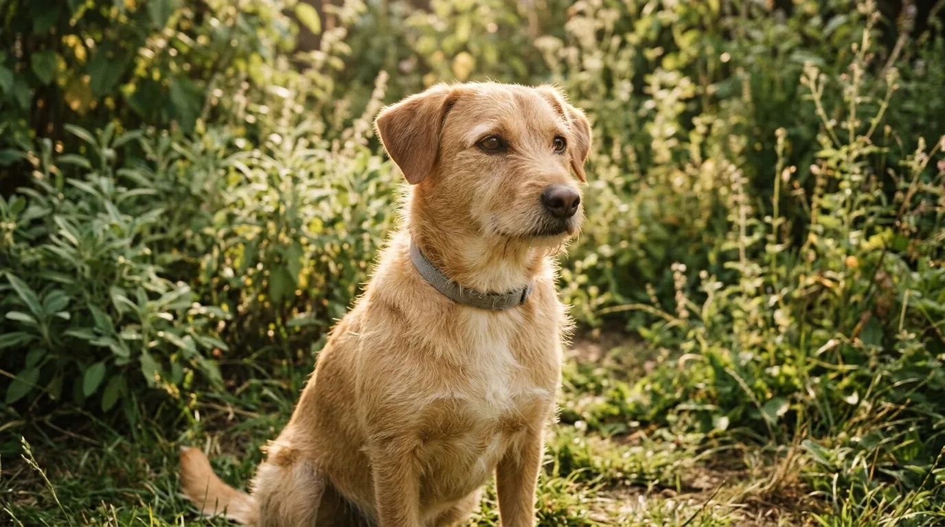 Cachorro caramelo com coleira cinza sentado no jardim