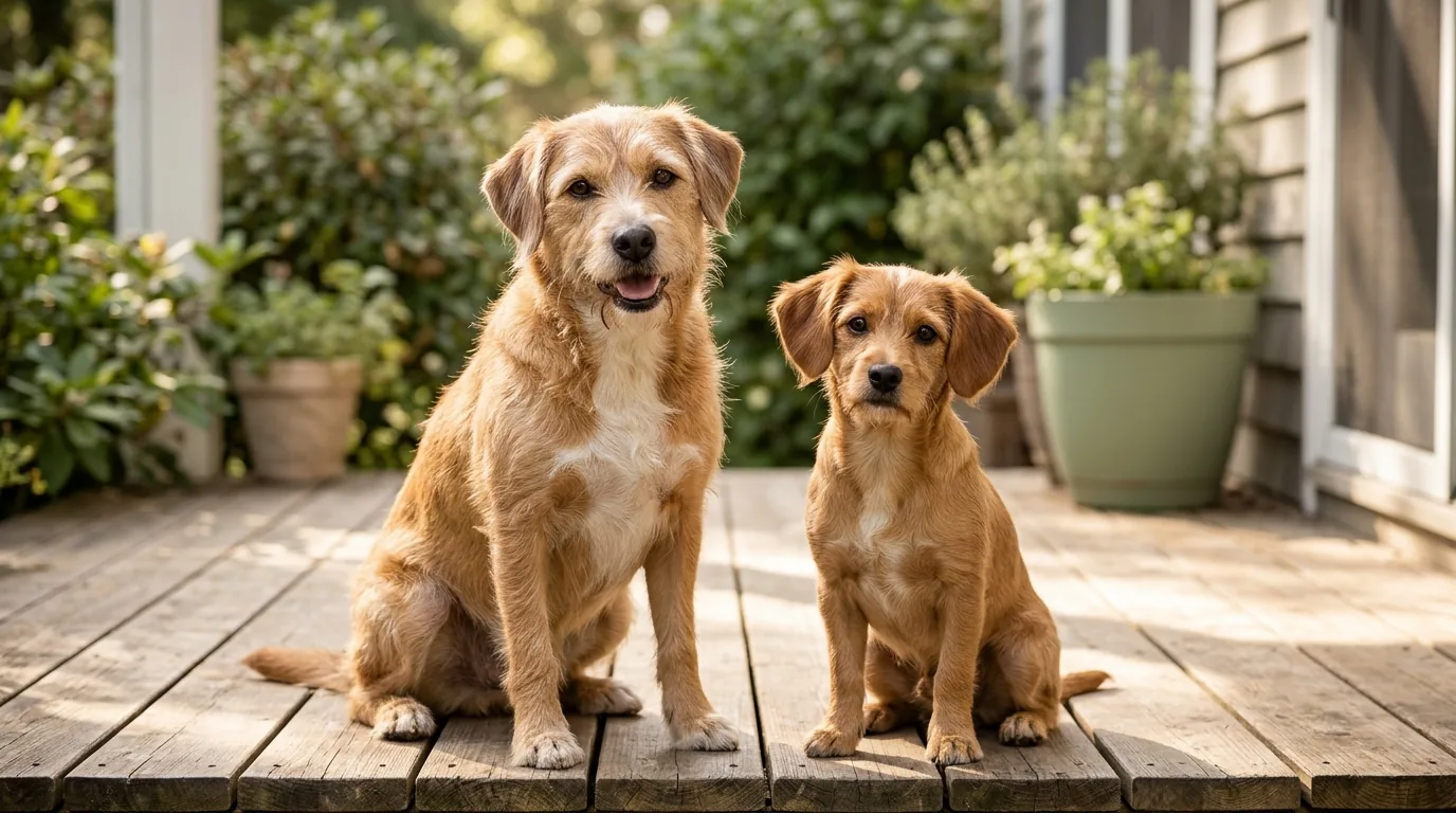 Dois cachorros caramelo de tamanhos diferentes sentados lado a lado numa varanda