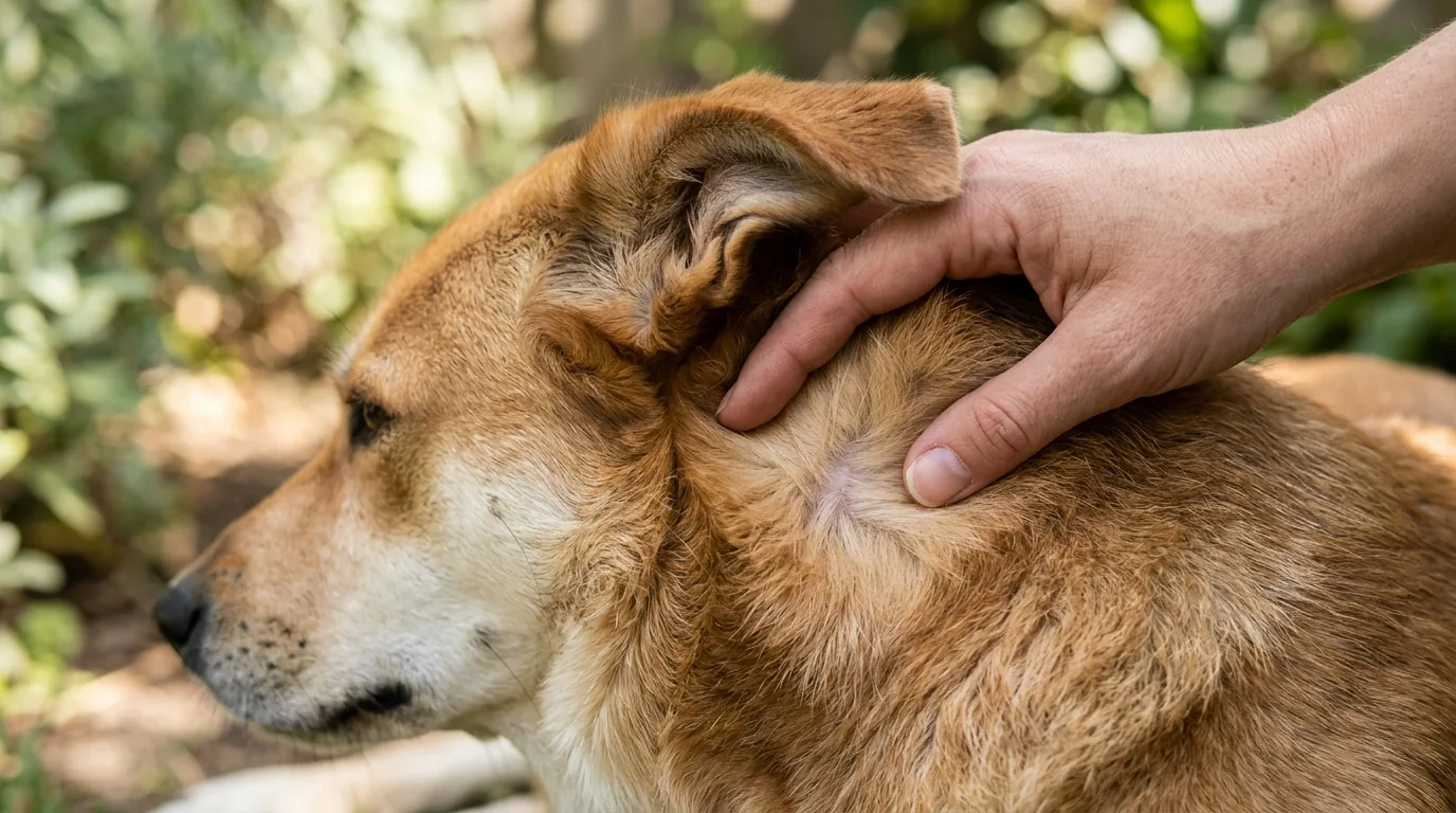 Mão afastando o pelo perto da orelha do cachorro para procurar carrapatos