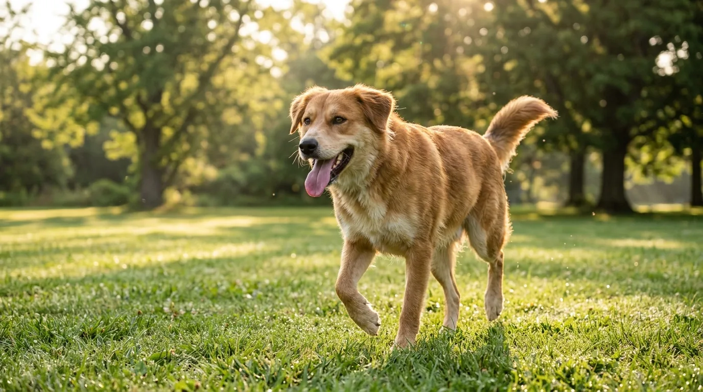 Cachorro caramelo feliz trotando na grama de um parque
